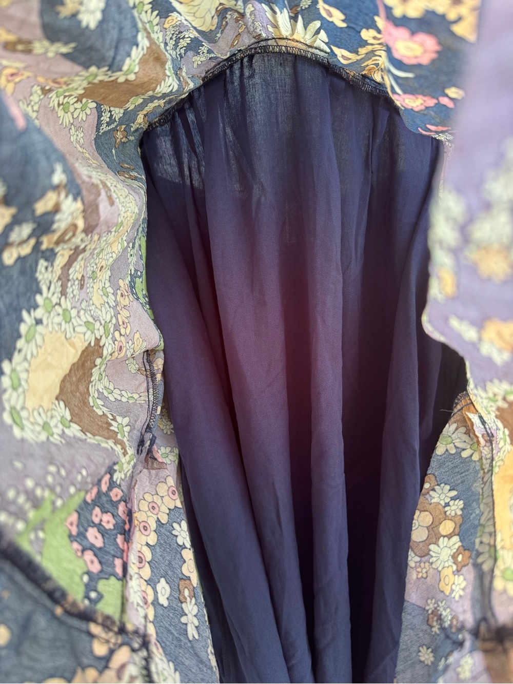 Retro 70s Print Navy & Lavender Floral Smocked Tiered Long-Sleeve Dress XL Boho - Picture 10 of 15